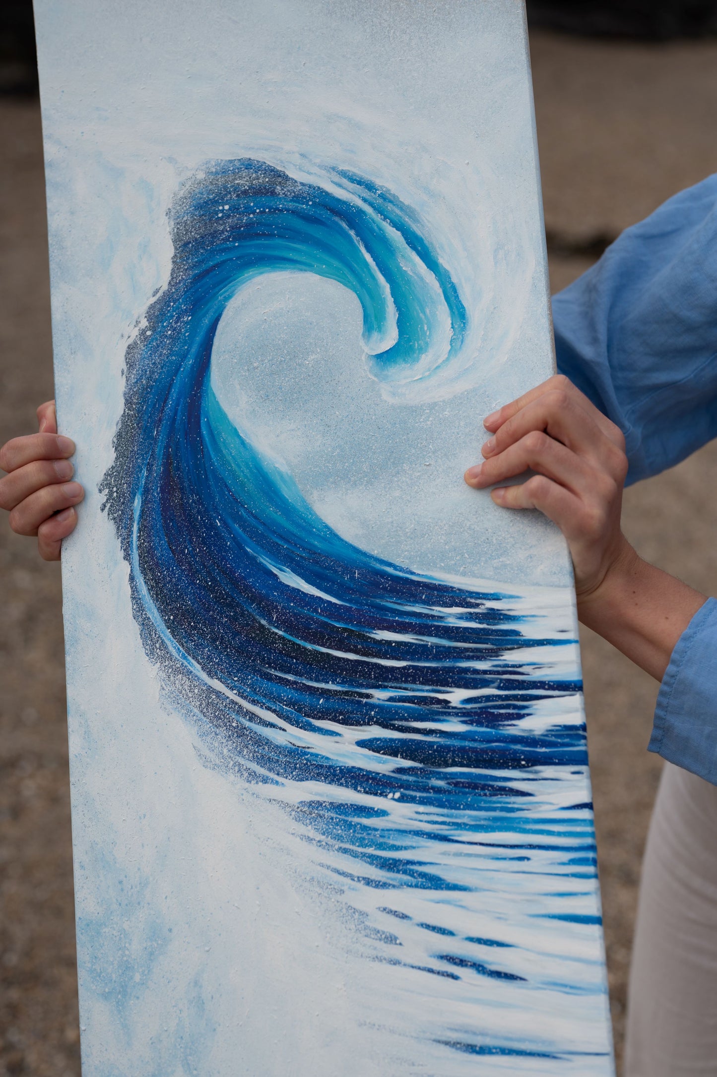 wave painting on wooden bellyboard for sale by cornish artist, Phoebe Pocock