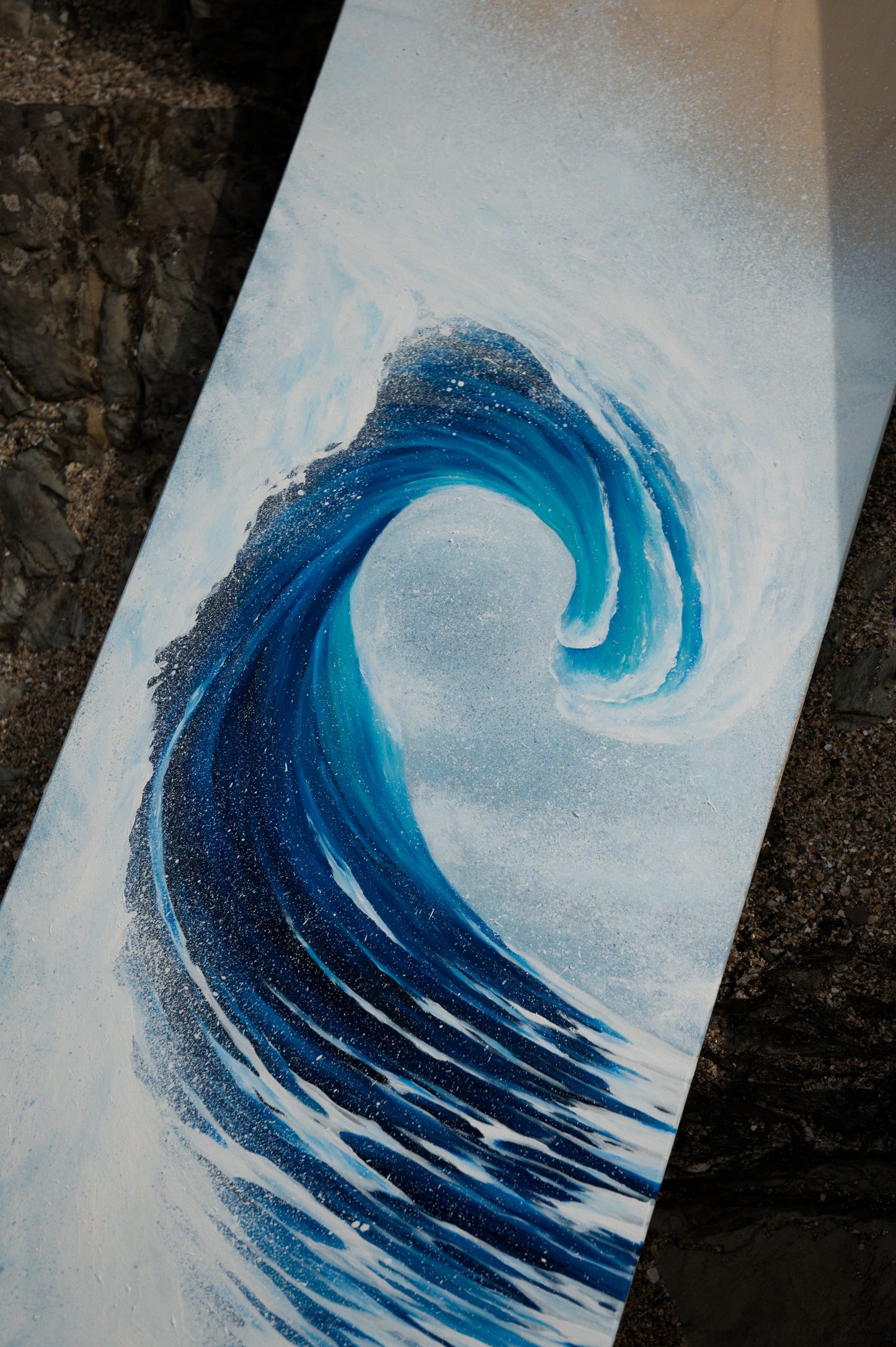 wave painting on wooden bellyboard for sale by cornish artist, Phoebe Pocock