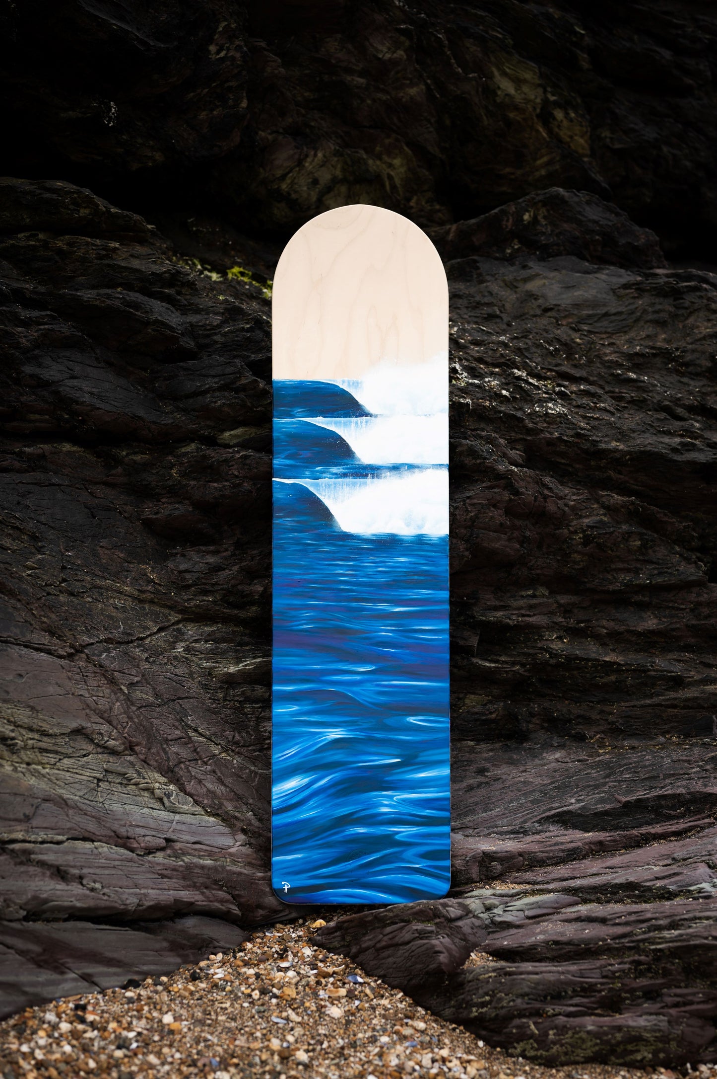 wave painting on wooden bellyboard for sale by cornish artist, Phoebe Pocock