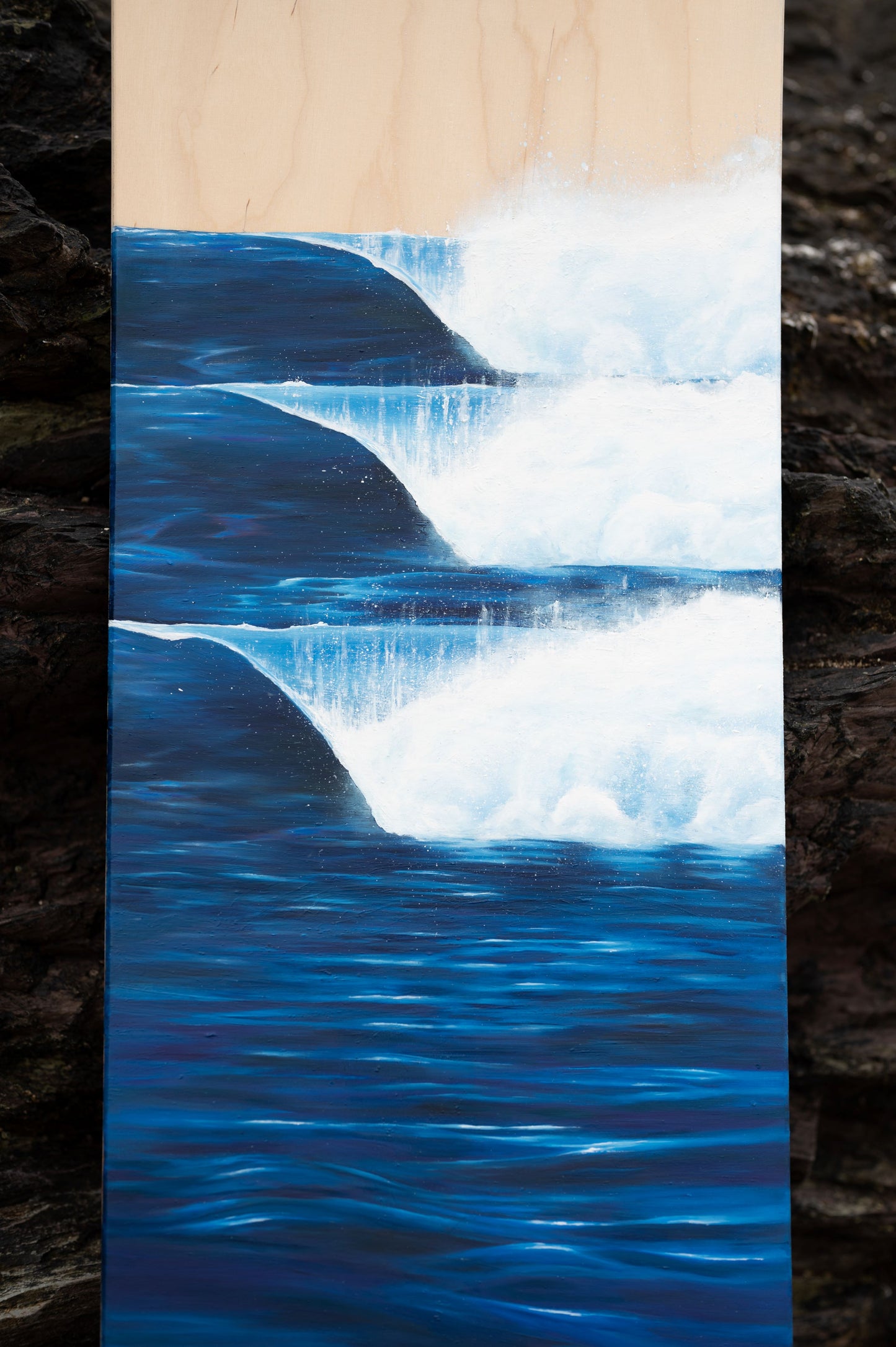 wave painting on wooden bellyboard for sale by cornish artist, Phoebe Pocock