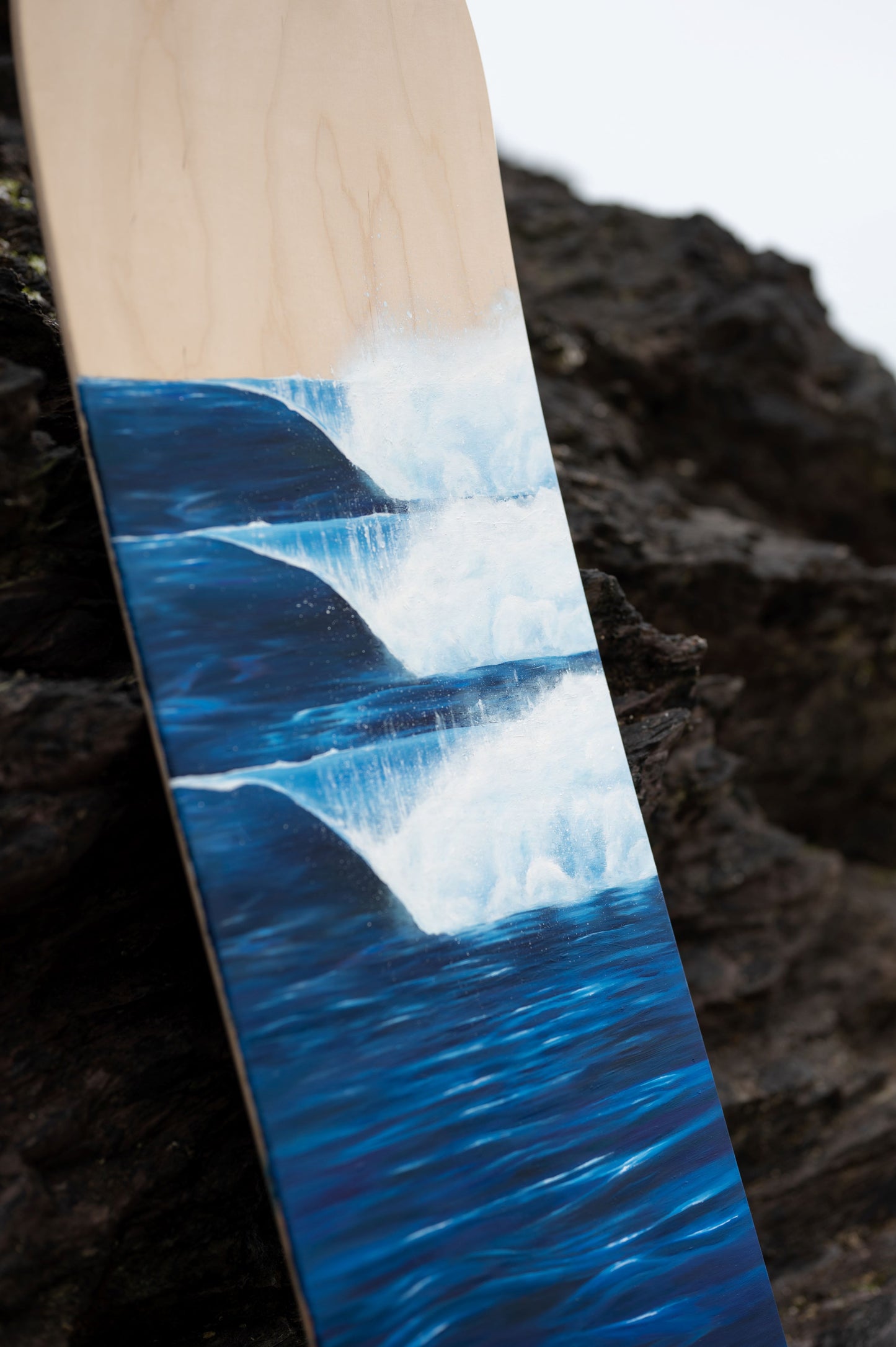 wave painting on wooden bellyboard for sale by cornish artist, Phoebe Pocock