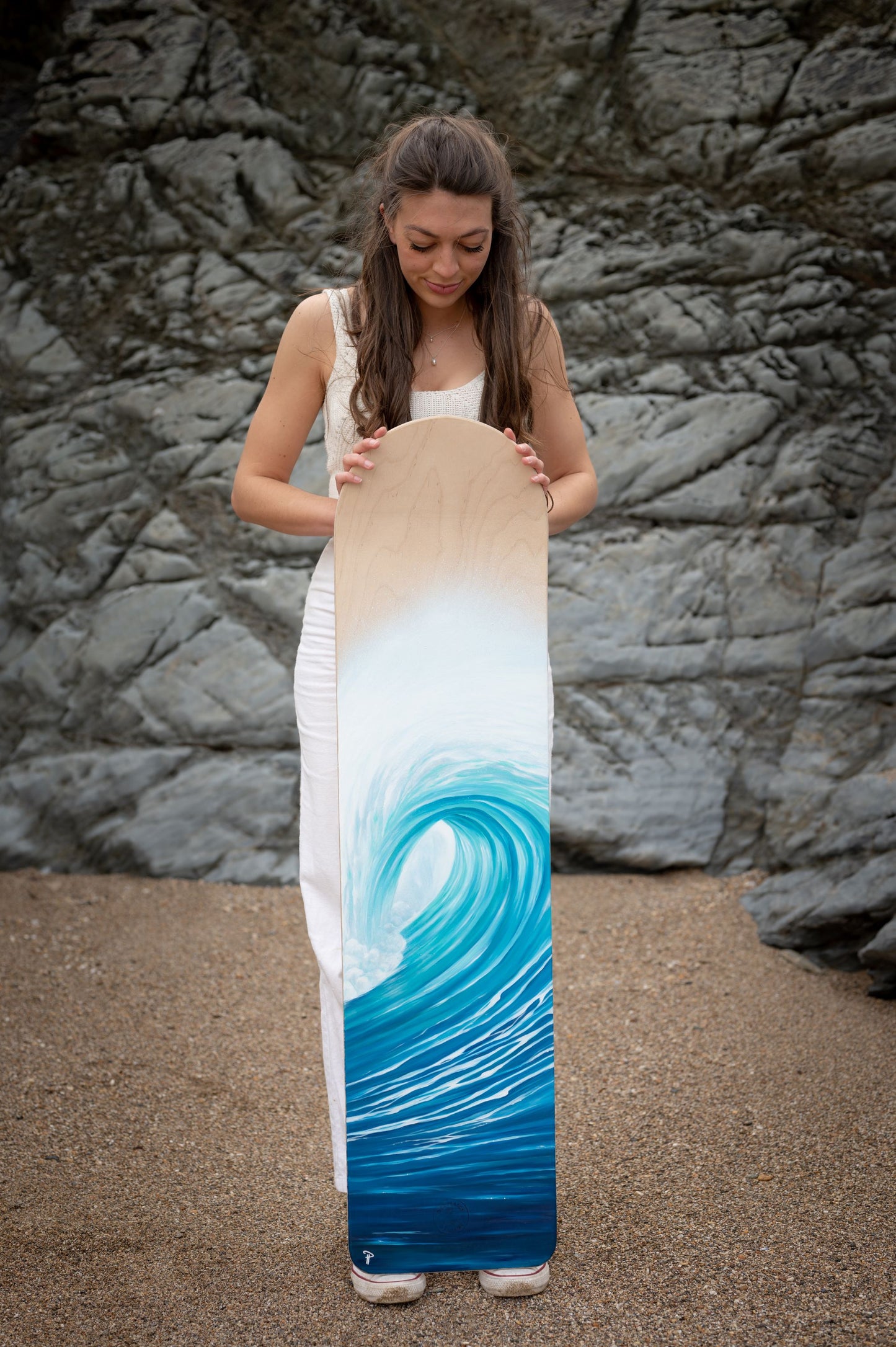 wave painting on wooden bellyboard for sale by cornish artist, Phoebe Pocock