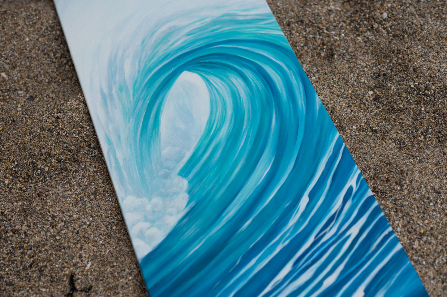 wave painting on wooden bellyboard for sale by cornish artist, Phoebe Pocock