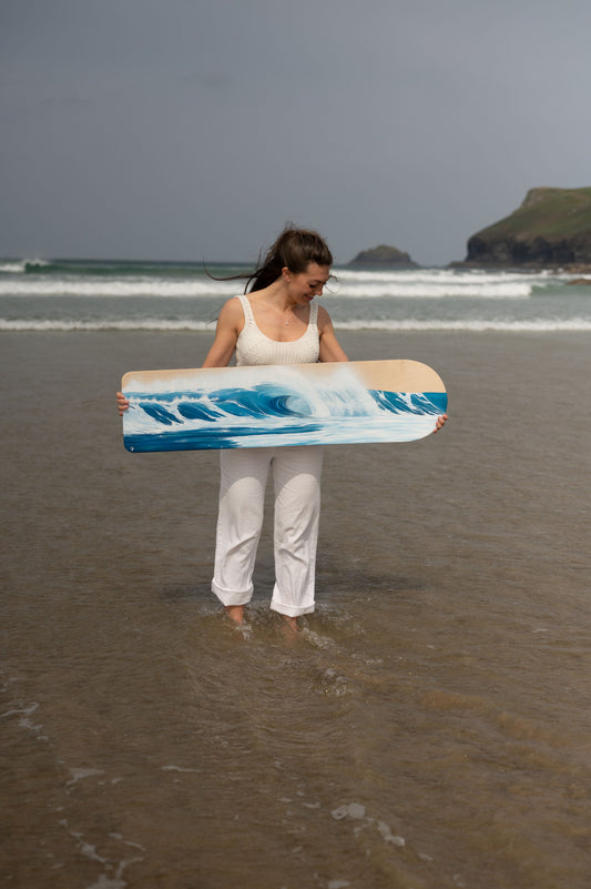 wave painting on wooden bellyboard for sale at Polzeath by cornish artist, Phoebe Pocock