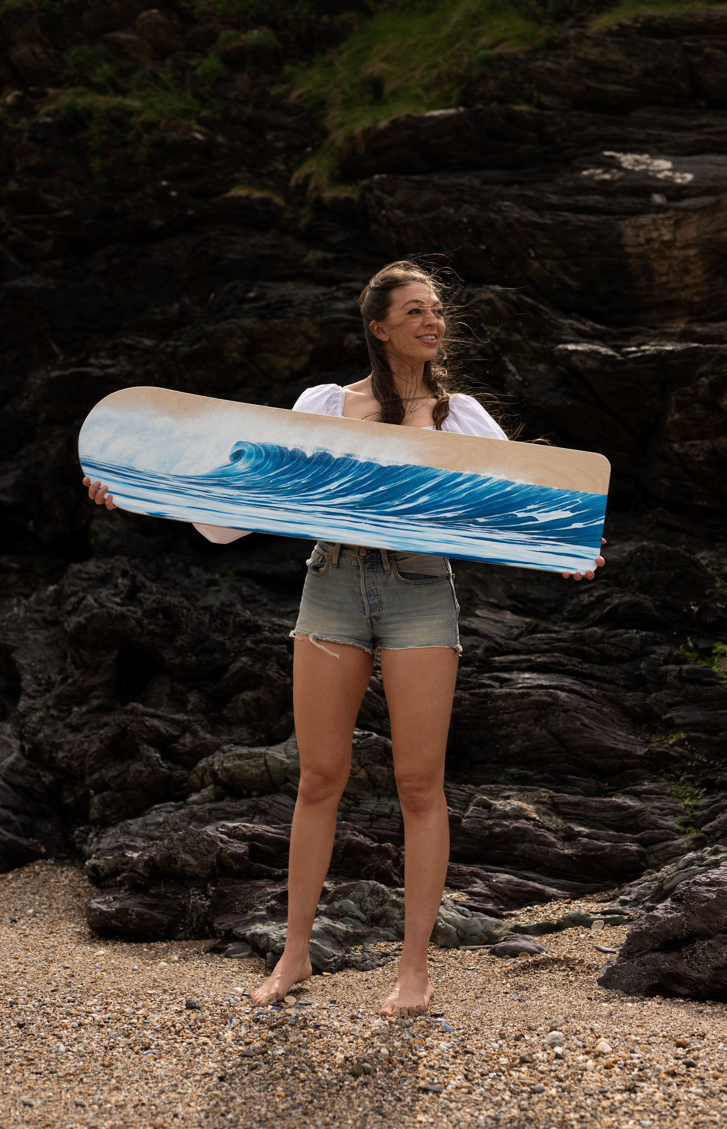 wave painting on wooden bellyboard for sale by cornish artist, Phoebe Pocock