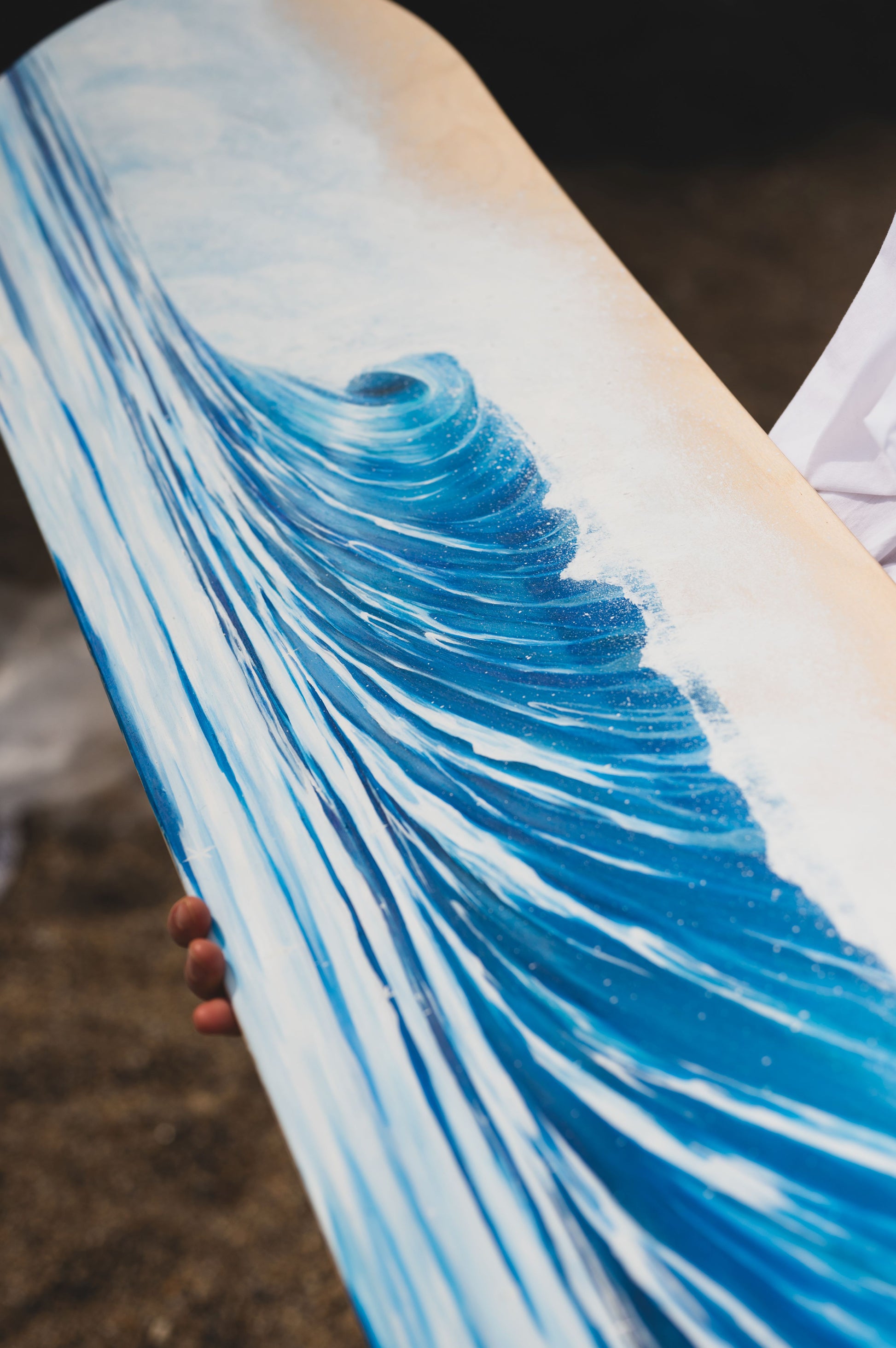 wave painting on wooden bellyboard for sale by cornish artist, Phoebe Pocock