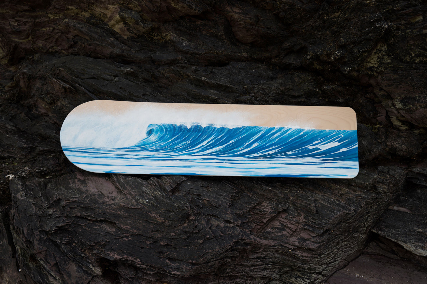 wave painting on wooden bellyboard for sale by cornish artist, Phoebe Pocock