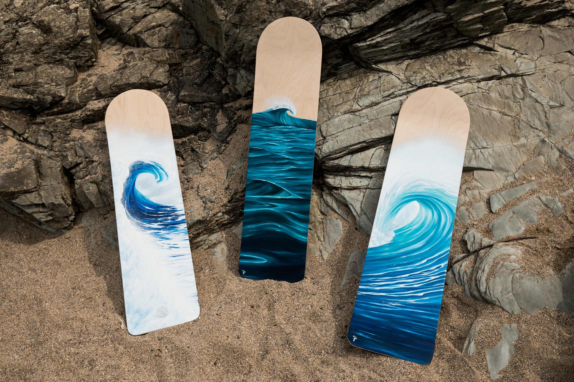 wave painting on wooden bellyboard for sale by cornish artist, Phoebe Pocock