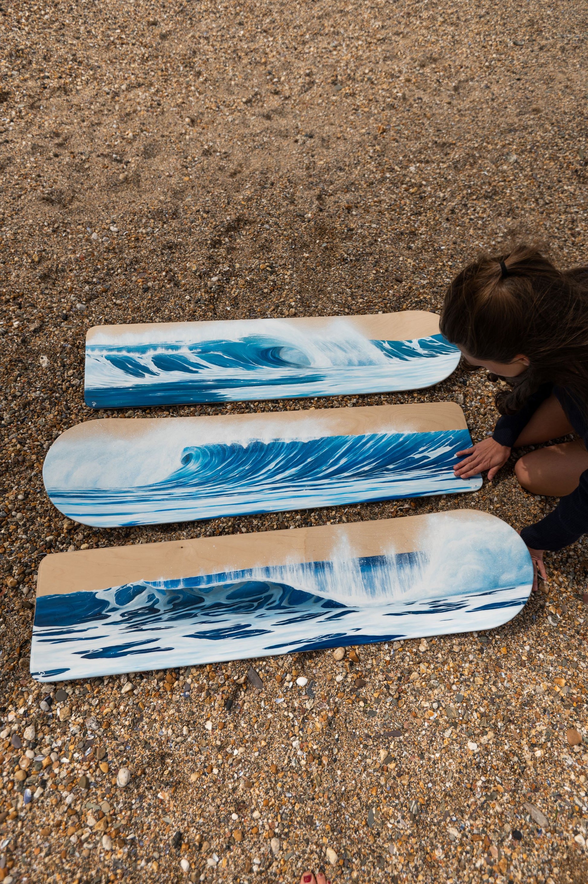 Oil painting on wooden bellyboard of waves inspired by Cornwall