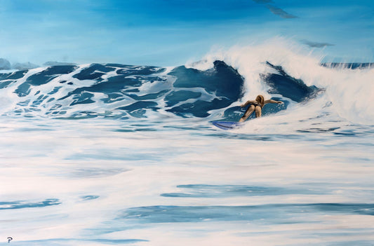 Contemporary oil painting of surfer on wave by Cornish artist, Phoebe Pocock,