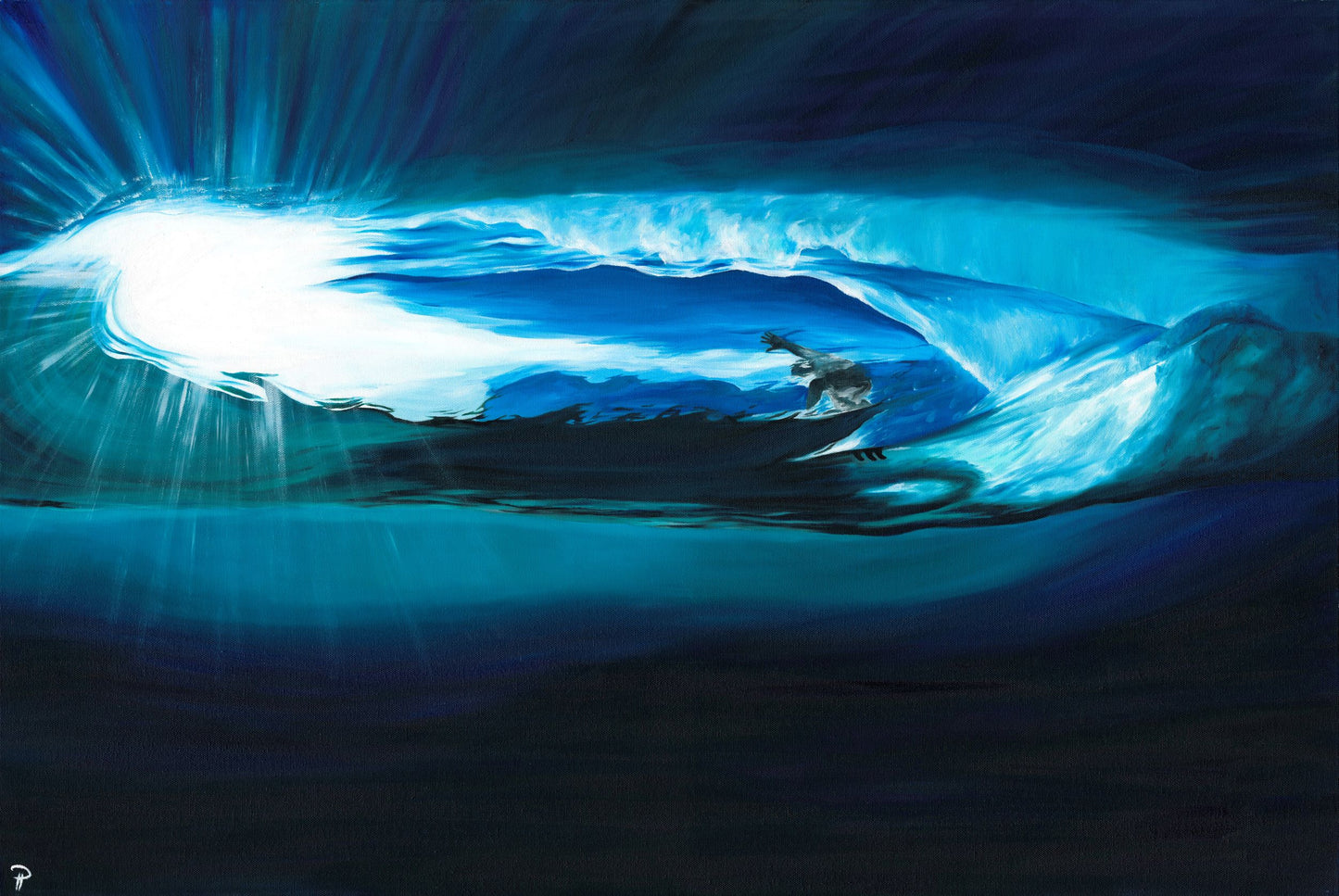 A contemporary underwater surf art oil painting by Cornish female artist, Phoebe Pocock.