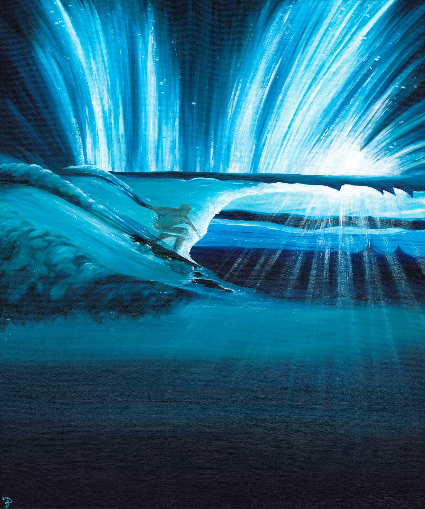 A contemporary oil painting of an underwater surf scene by Cornish artist, Phoebe Pocock.