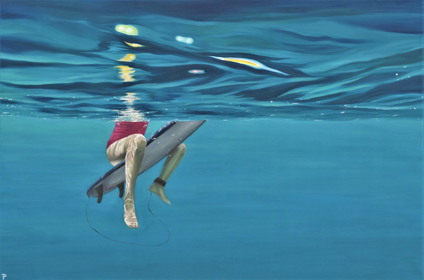 Oil painting of contemporary underwater surf scene by Cornish artist, Phoebe Pocock.