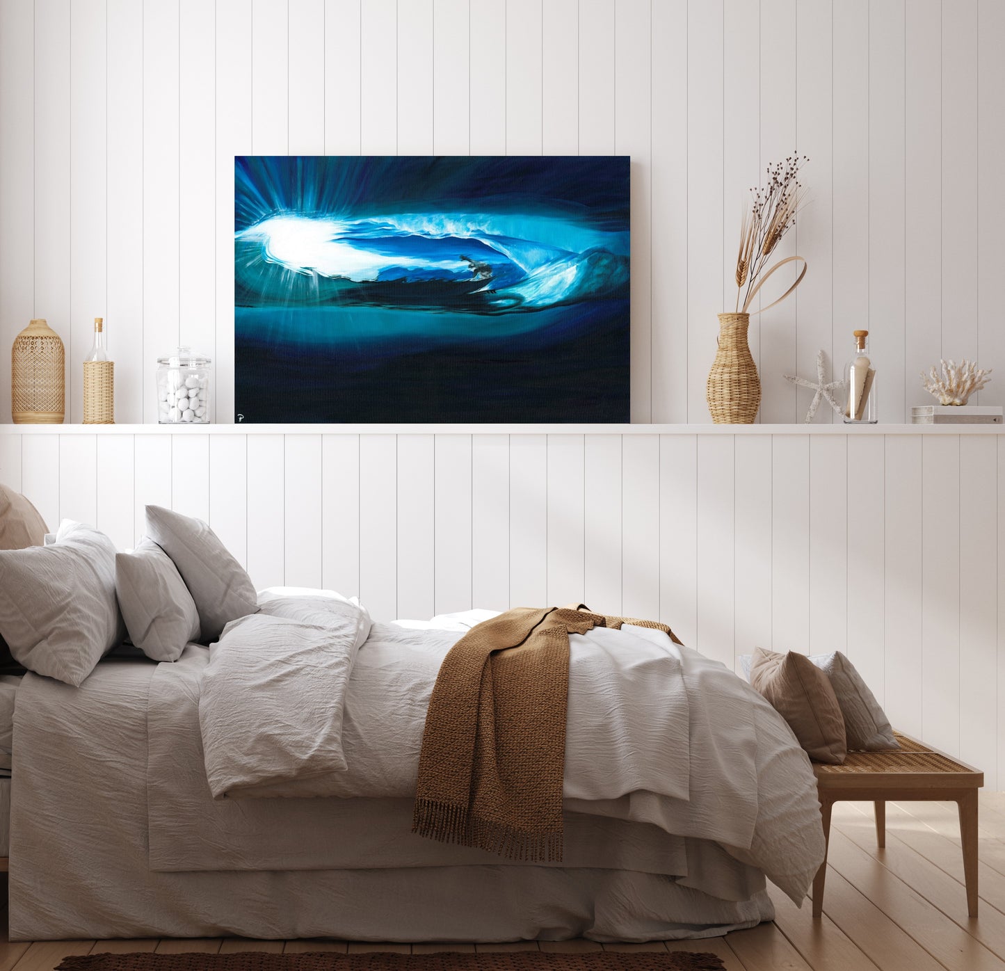 A contemporary underwater surf art oil painting by Cornish female artist, Phoebe Pocock.