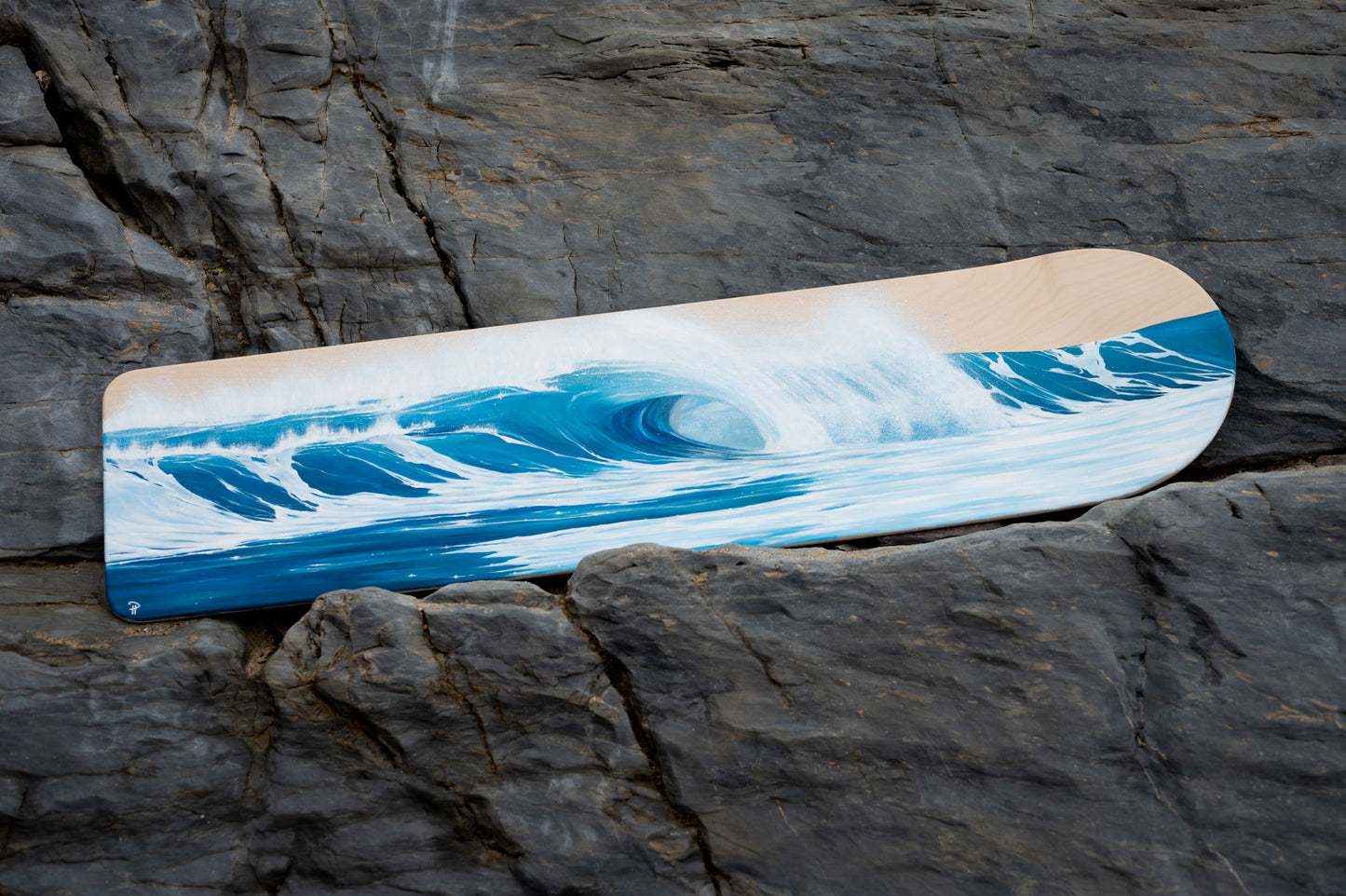 wave painting on wooden bellyboard for sale by cornish artist, Phoebe Pocock