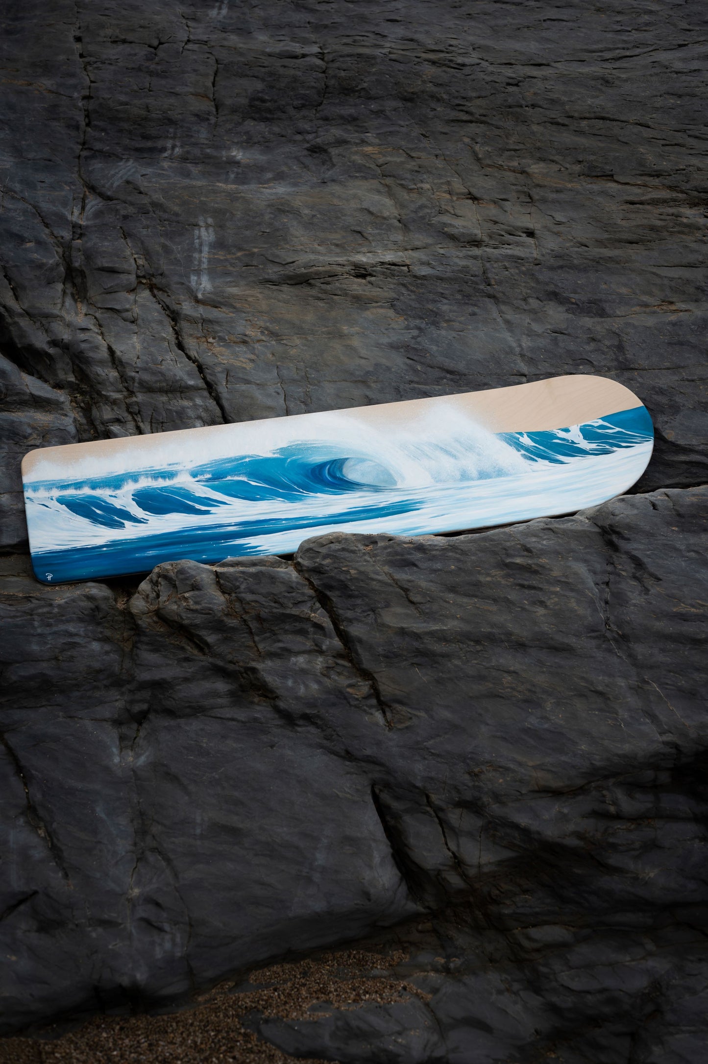 wave painting on wooden bellyboard for sale by cornish artist, Phoebe Pocock