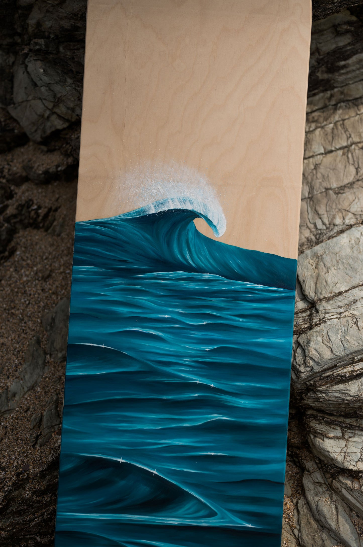 green wave painting on wooden bellyboard for sale by cornish artist, Phoebe Pocock