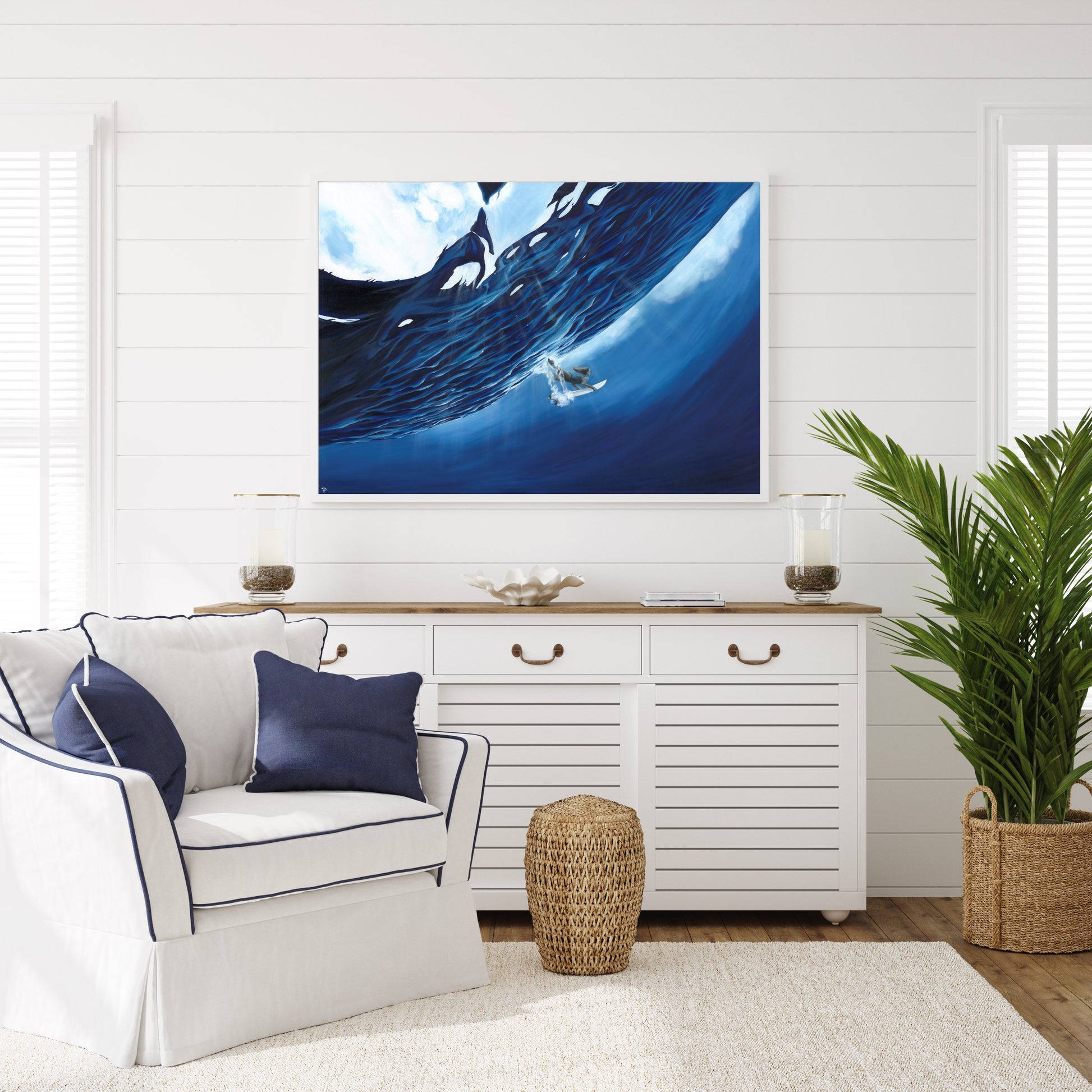 Contemporary oil painting and limited edition print of underwater surfer in blue by Cornish artist, Phoebe Pocock