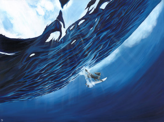 Contemporary oil painting of underwater surfer in blue by Cornish artist, Phoebe Pocock. 