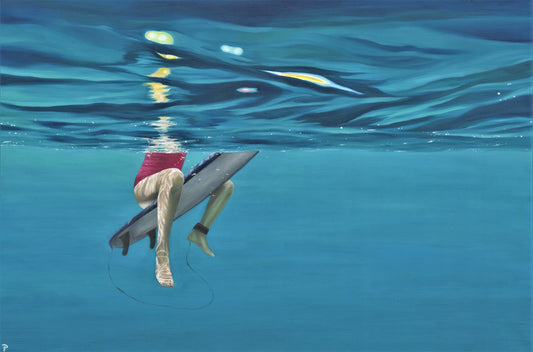 Contemporary oil painting of underwater surf scene with female on board. By Phoebe Pocock, Cornish artist based in Polzeath, North Cornwall